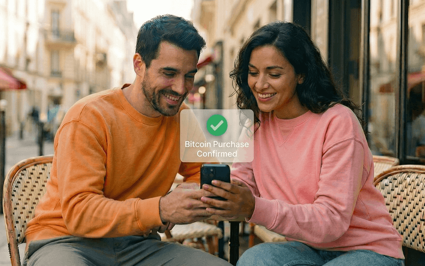 Couple celebrating successful Bitcoin purchase